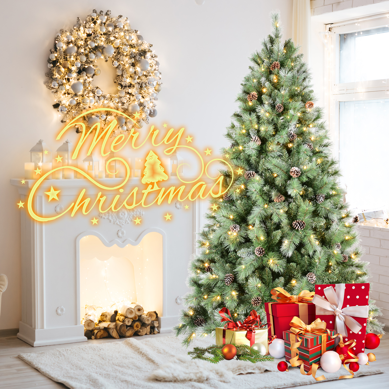 Simulated Christmas tree PVC/Hard Needle Mixed, Natural pinecone, Pre-lit warm white lights, Environmentally friendly and flame-retardant
