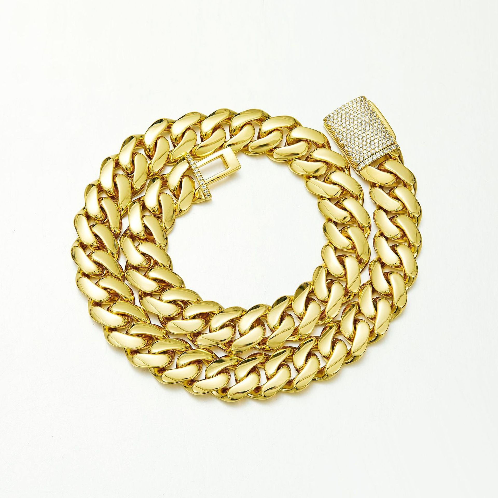 8-22mm Stainless Steel Miami Cuban Chain Copper Clasp 14K Gold Plated Jewelry Mens Necklace Jewelry