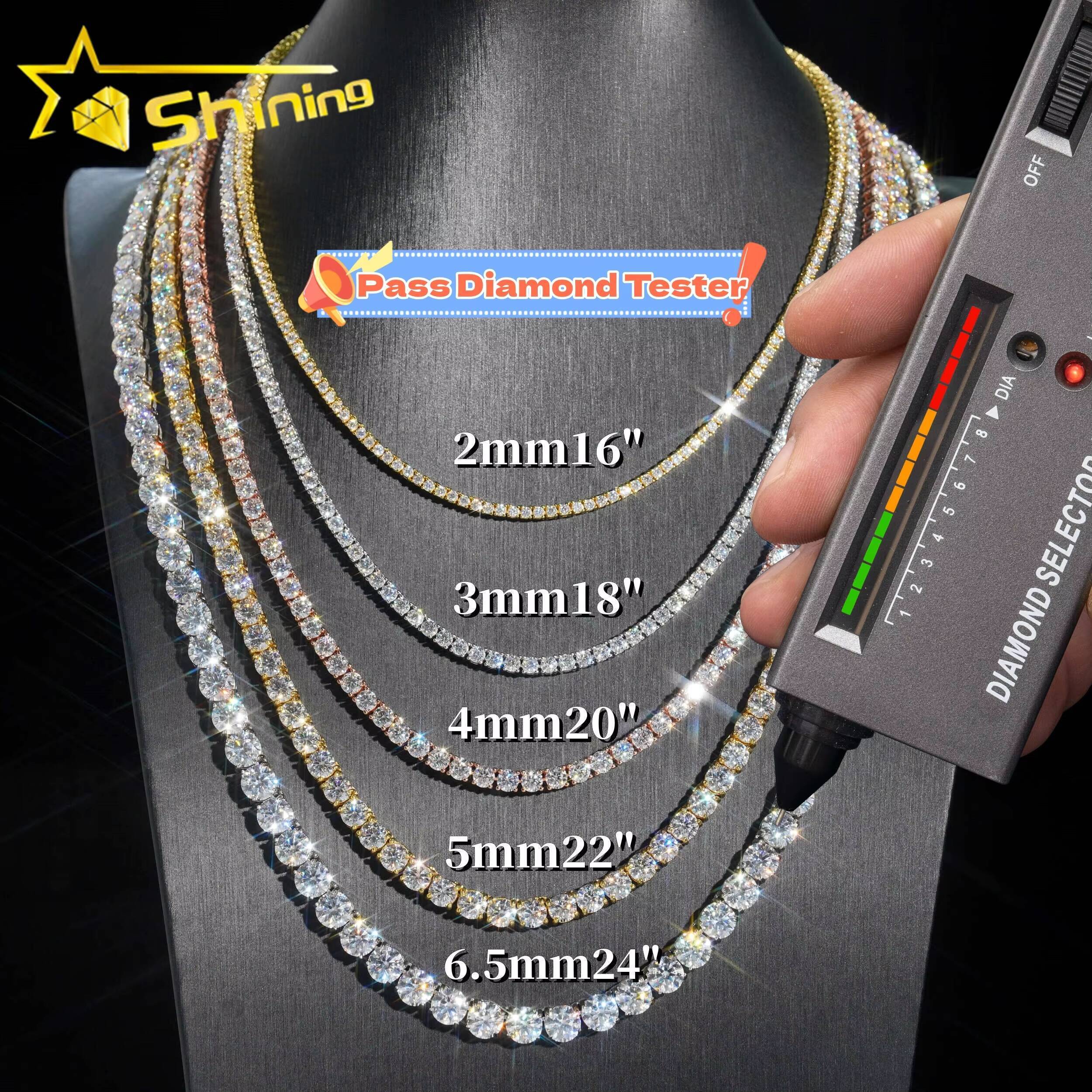Pass Tester Large Stock Hip Hop Jewelry Iced Out Sier 2mm 3mm 4mm VVS Moissanite Dia Tennis Chain Necklaces