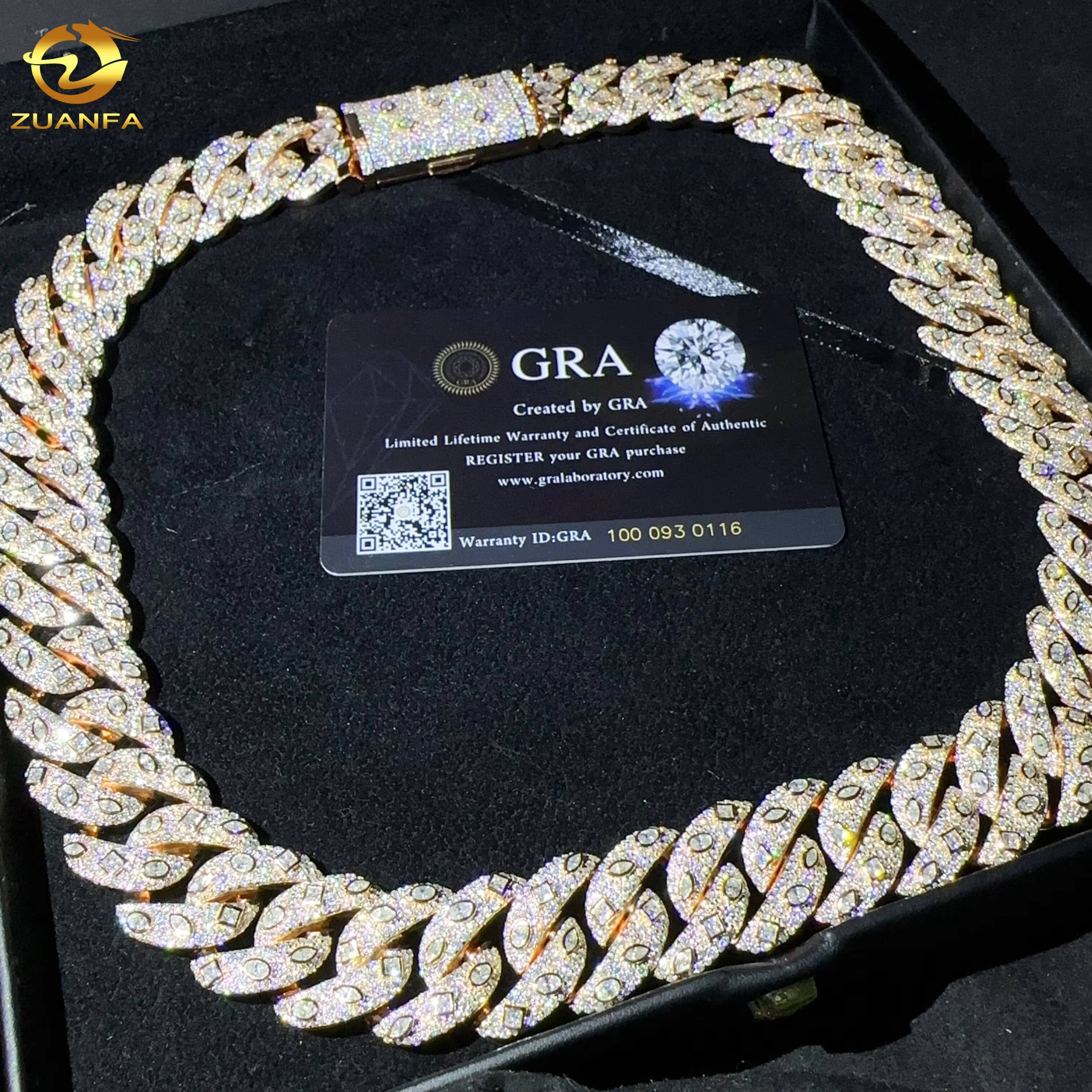 Hip Hop Jewelry Sterling Sier 20MM Necklace Iced Out VVS Moissanite Dia Miami Cuban Link Chain Gold Plated