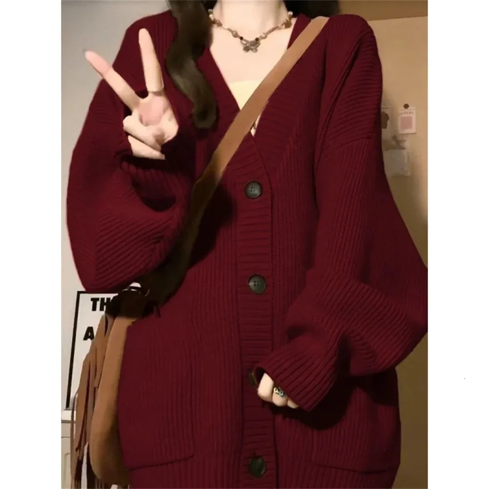 Lazy Style Knitted Cardigan Jacket Female Burgundy Sweater Students Autumn Winter Loose Oversized Year Trendy Coat Tops Gift 250812