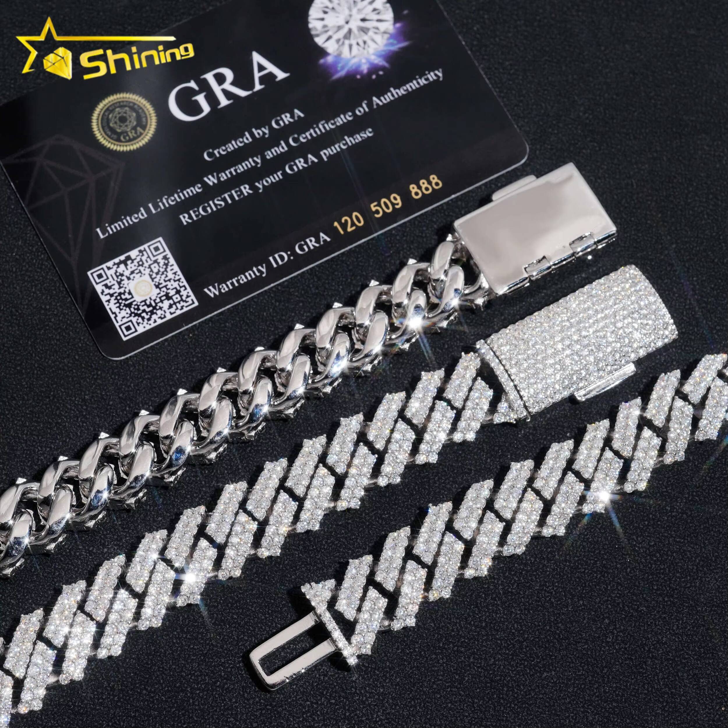 Shining Moissanite Hip Hop Jewelry 15mm 2rows Design Sterling Silver Gold Plated Diamond Moissanite Cuban Link Chain