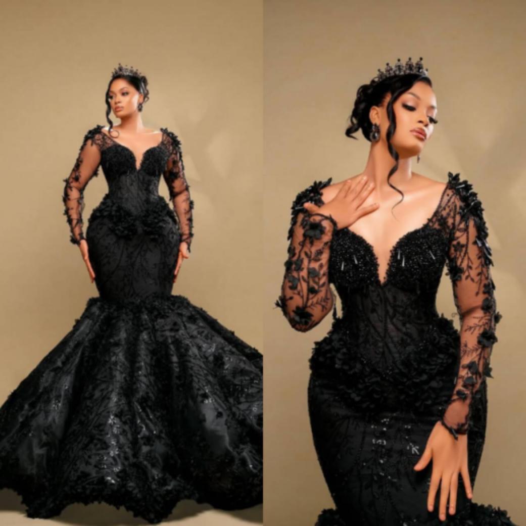 Luxury Mermaid Evening Dresses For Women Sweetheart Neck Long Sleeves Gown Sequins Crystal Floor Length Dress Party Customized Dress