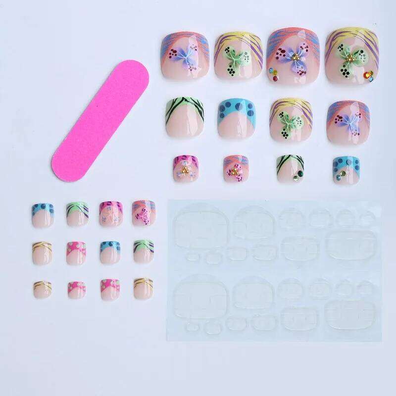 24Pcs Floral Design Press on False Nails Short Square Trendy Acrylic Toenails Glitter French Comfort Fit fake nails for foot X250814
