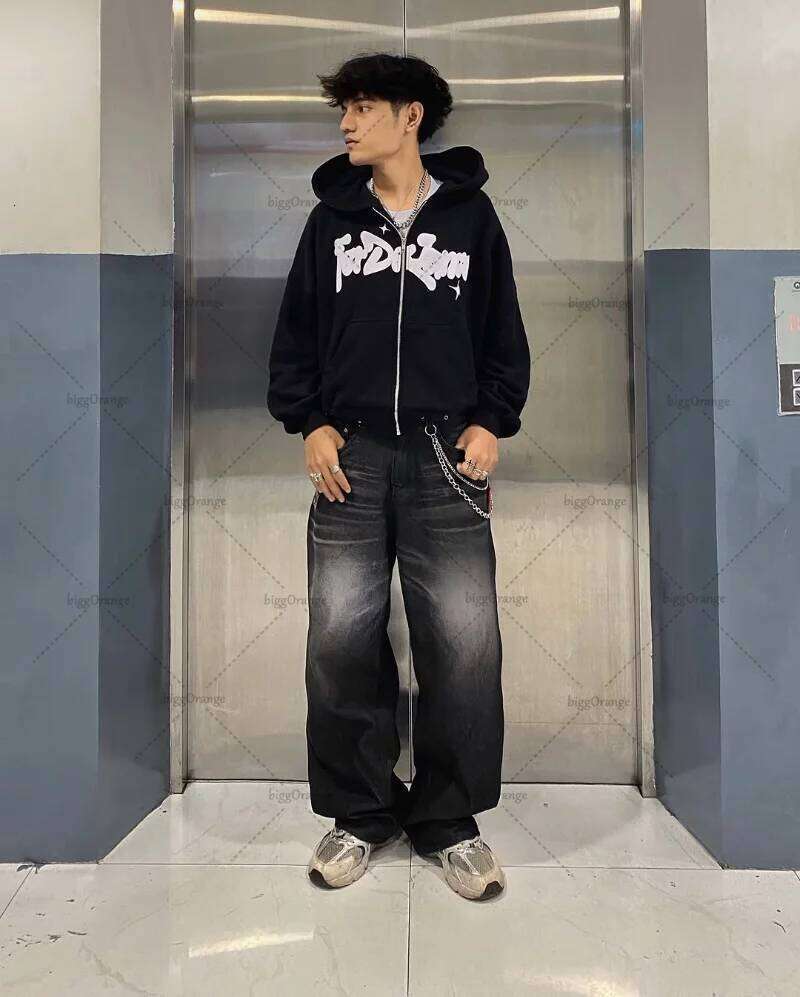 American Retro Dart Pattern Casual Loose Cotton Zipper Hoodie Men Street Hip-Hop Haruku Y2k Fashion Oversized Sweatshirt Women