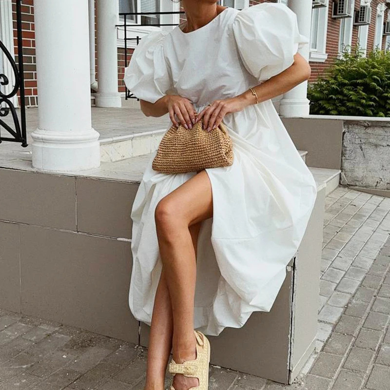 2025 Women Summer Puff Sleeve Bohemain White Long Dress High Waist Loose Style Cotton Boho Maxi Dress Vestidos Clothes 250813