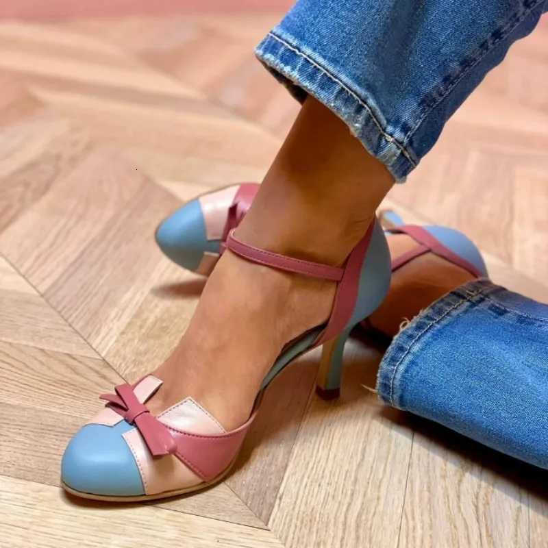 New Style Sweet Female Pumps Round Toe Small Heels 6cm Buckle Strap Bowknot Mixed Color Plus Size 34-43 Spring Dating Shoes W250814