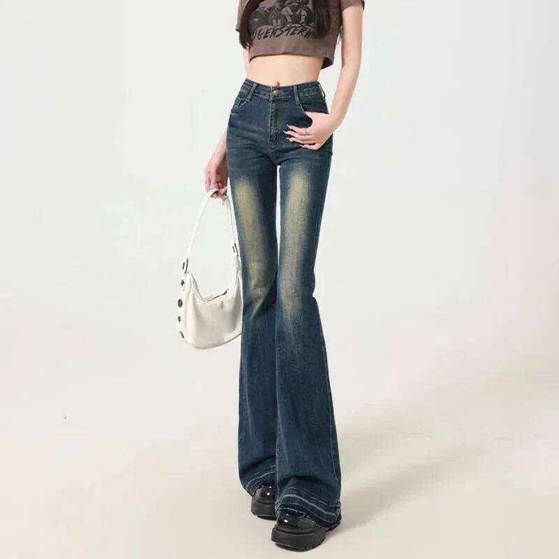 Woman New Waist Designer Flare Jeans Girls High Street Vintage Y2k 2000s Bell Bottom Pants Female Blue Baggy Denim Trousers