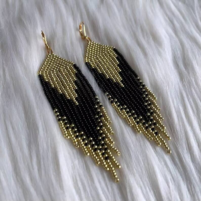 Exaggerated Handmade Bohemian Beaded Hoop Long Tassel Earrings