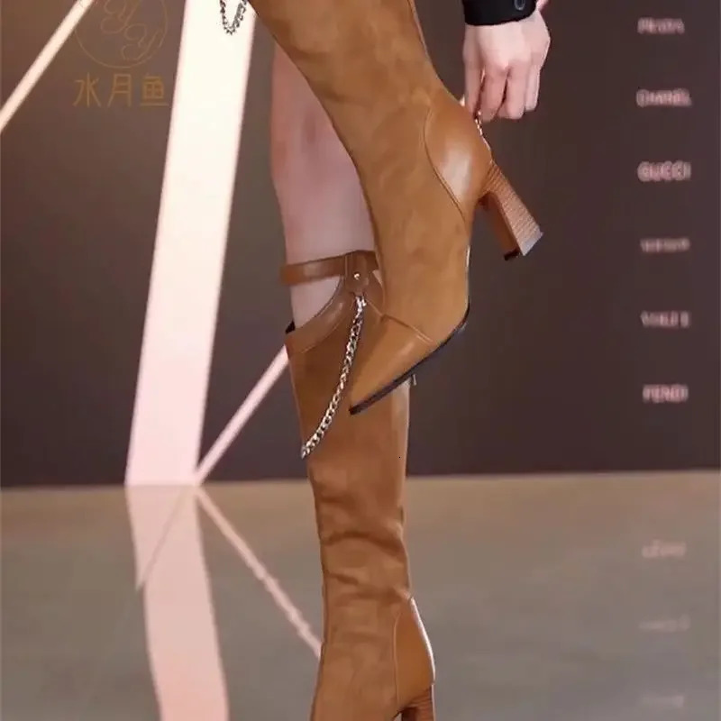 Ladies Knee High Shaft Shoes Chain Middle Heel Pointed Toe Womens Long Boots Spring Autumn Comfortable and Elegant Quality Sale 250812