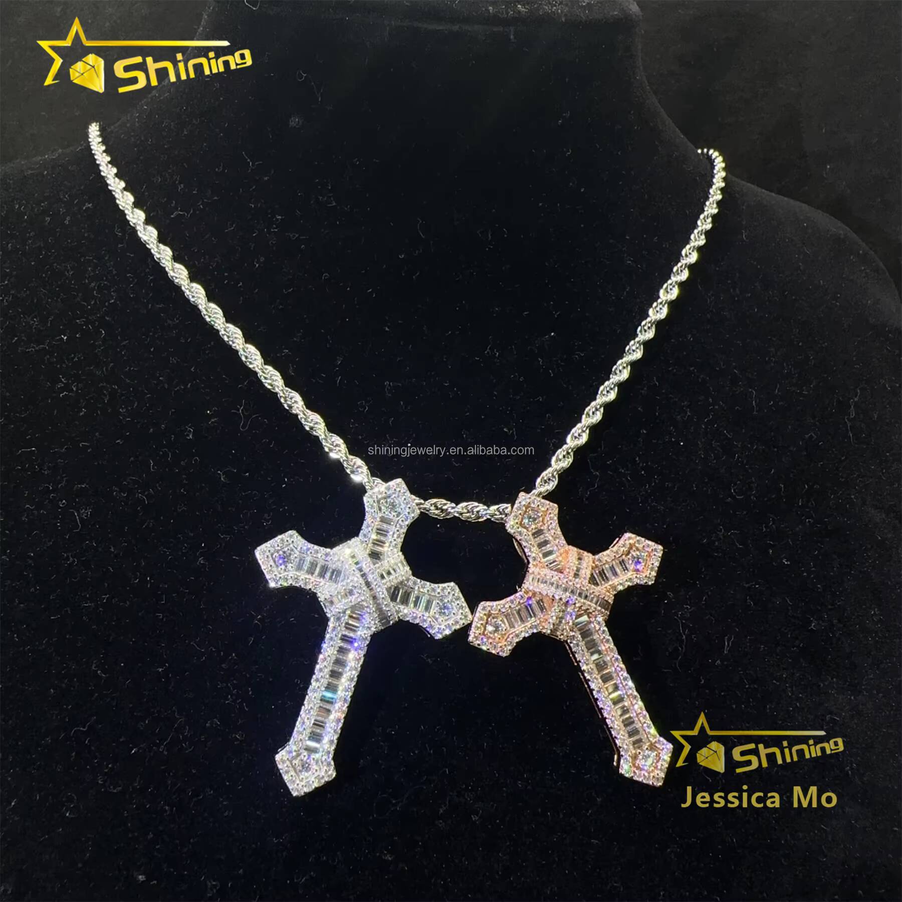 New Arrivals Bulk Stock Hip Hop Stylish Rapper Jewelry VVS1 Moissanite Baguette Diamond S925 Silver Iced Out Man Cross Pendant
