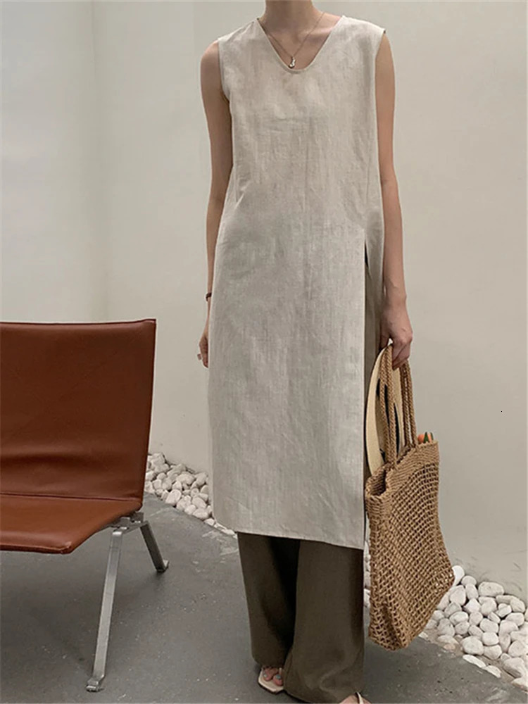 REALEFT Summer Vintage Cotton Linen Womens Dresses Sleeveless High Waist Casual V-Neck Side Split A-Line Dress Female 250813
