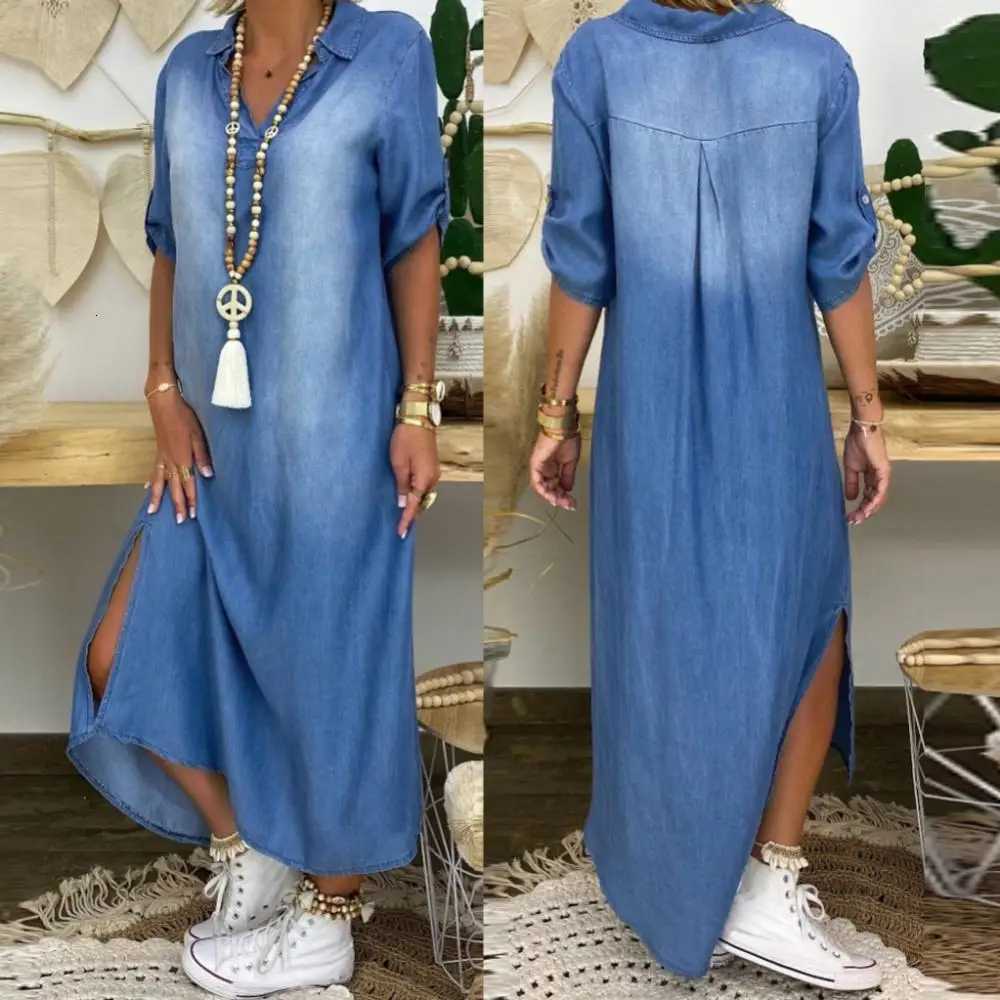 Women Plus Size Dress Vintage Summer V Neck Half Sleeve Side Slitting Hem Loose Long Denim Dress XJ250814