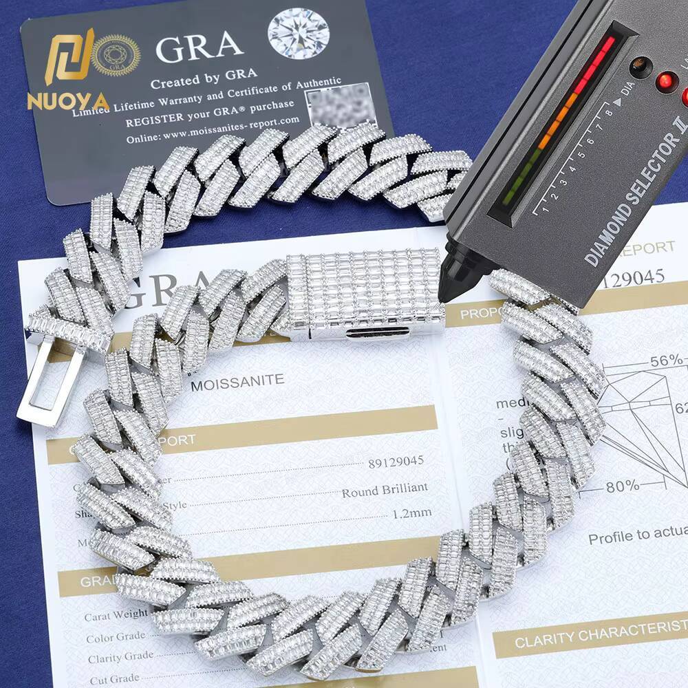 NUOYA Fine Jewelry 20mm 925 Sterling Silver Chunky Cuban Link Chain Pass Diamond Test Baguette VVS Moissanite Necklace Women