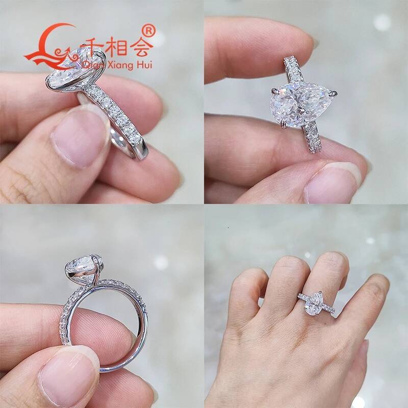 4ct 8x12mm pear shape full D vvs white melee moissanite half Eternity band 925 Sterling Silver Ring Jewelry Engagement Ladies