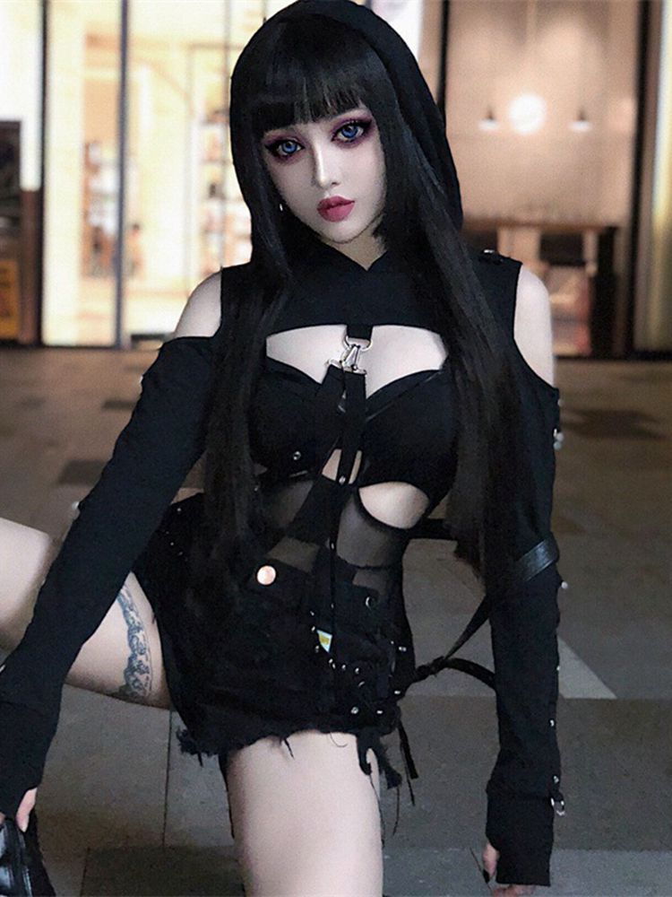 Stage Wear Dark Punk Style Women's Short Hoodie Sweatshirt round Neck Long Sleeve Belly Baring Mesh Fashion Top