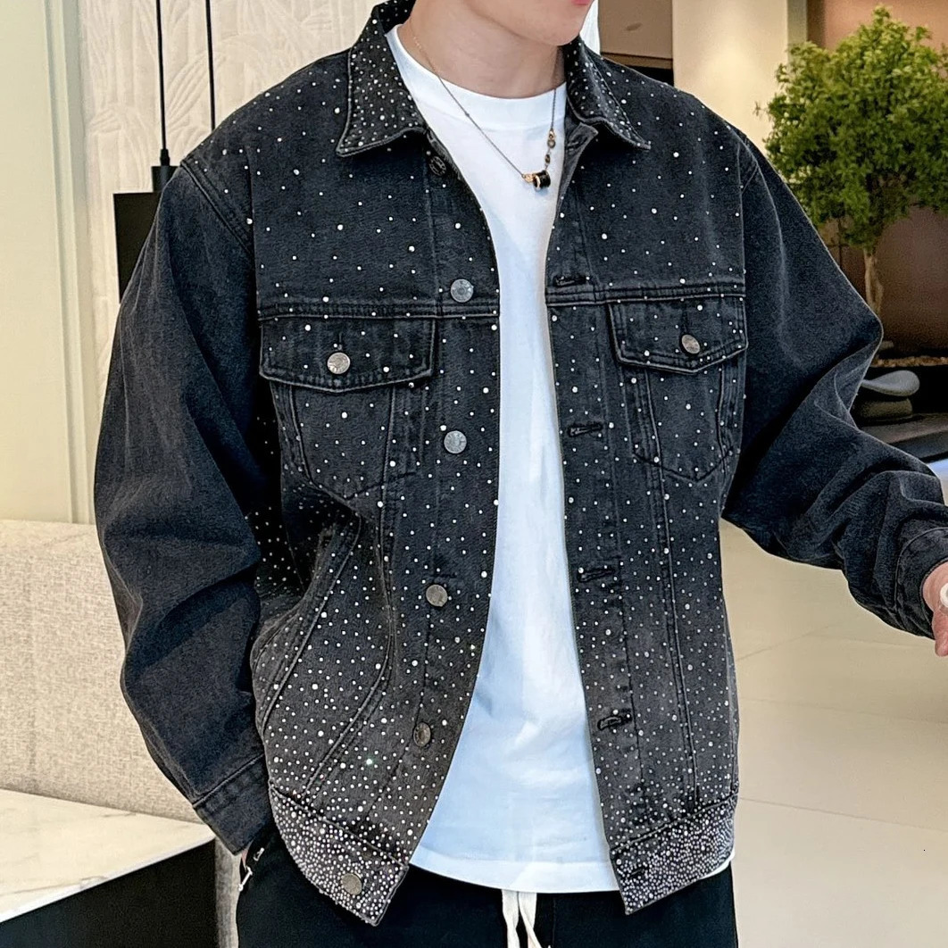 Spring Casual Hip Hop Rhinestones Denim Jacket Fashion Drilling Men Denim Slim Fit Bomber Jacket Men Black Denim Jacket 250811
