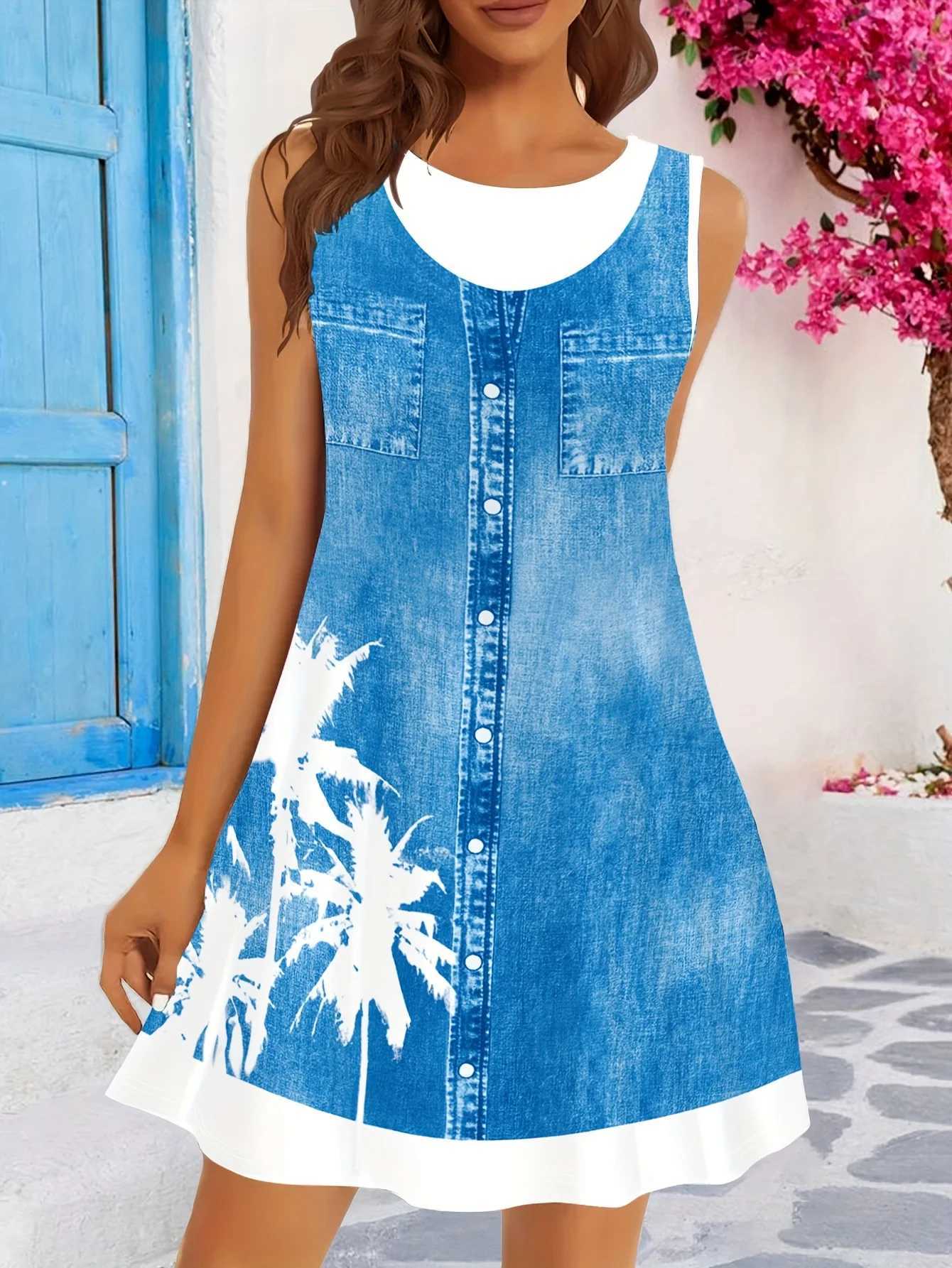 Womens Sleeveless Round Neck Denim-Print Dress with White Palm Tree Button Front Casual Vacation Style XJ250814