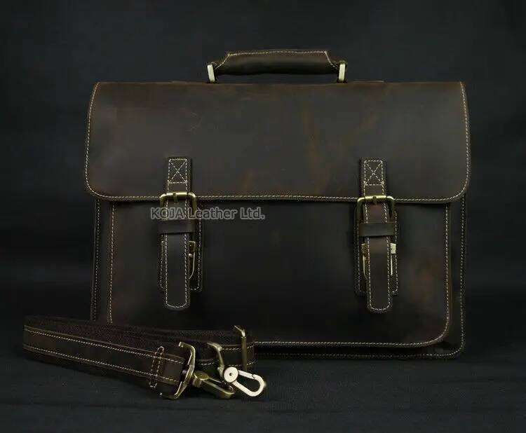 Vintage Crazy Horse Genuine Leather Men Briefcase 15" Laptop Work Business Shoulder Messenger Bag Male Tote Handbag M088
