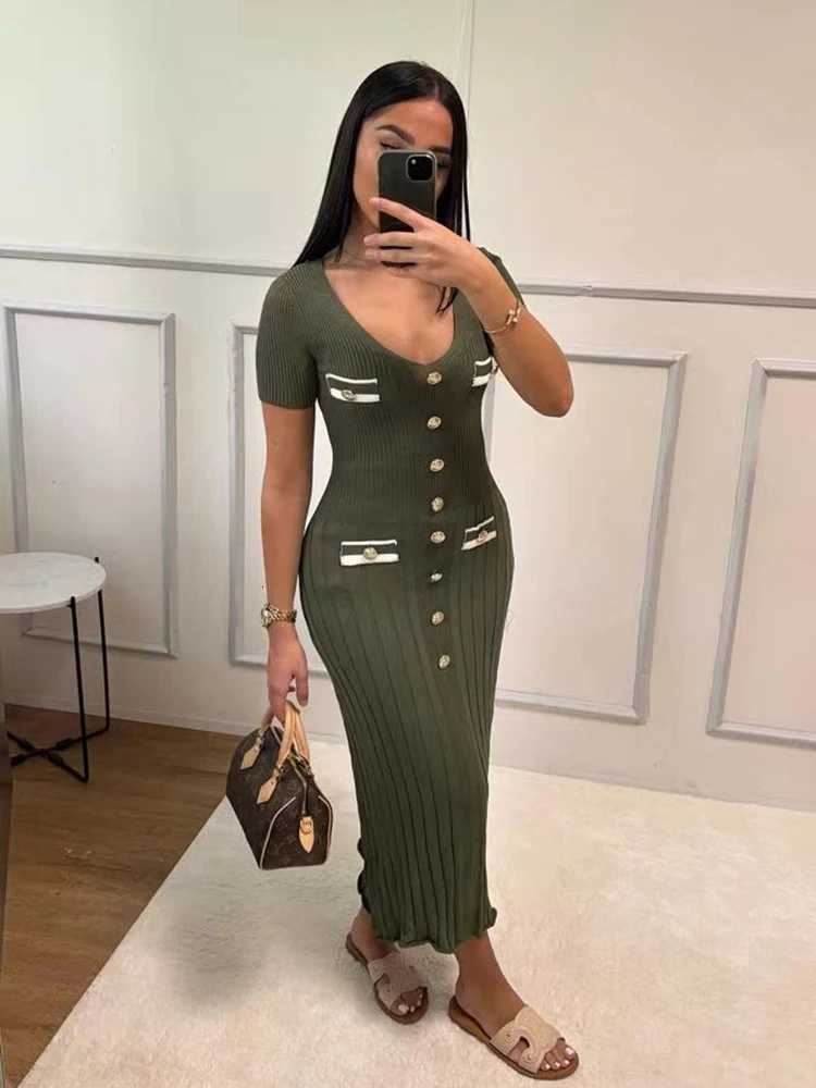 Office Lady Knitted Long Dress Summer Short Sleeve V Neck Single Breasted Bodycon Dresses Women Party Fashion Dresses XJ250814