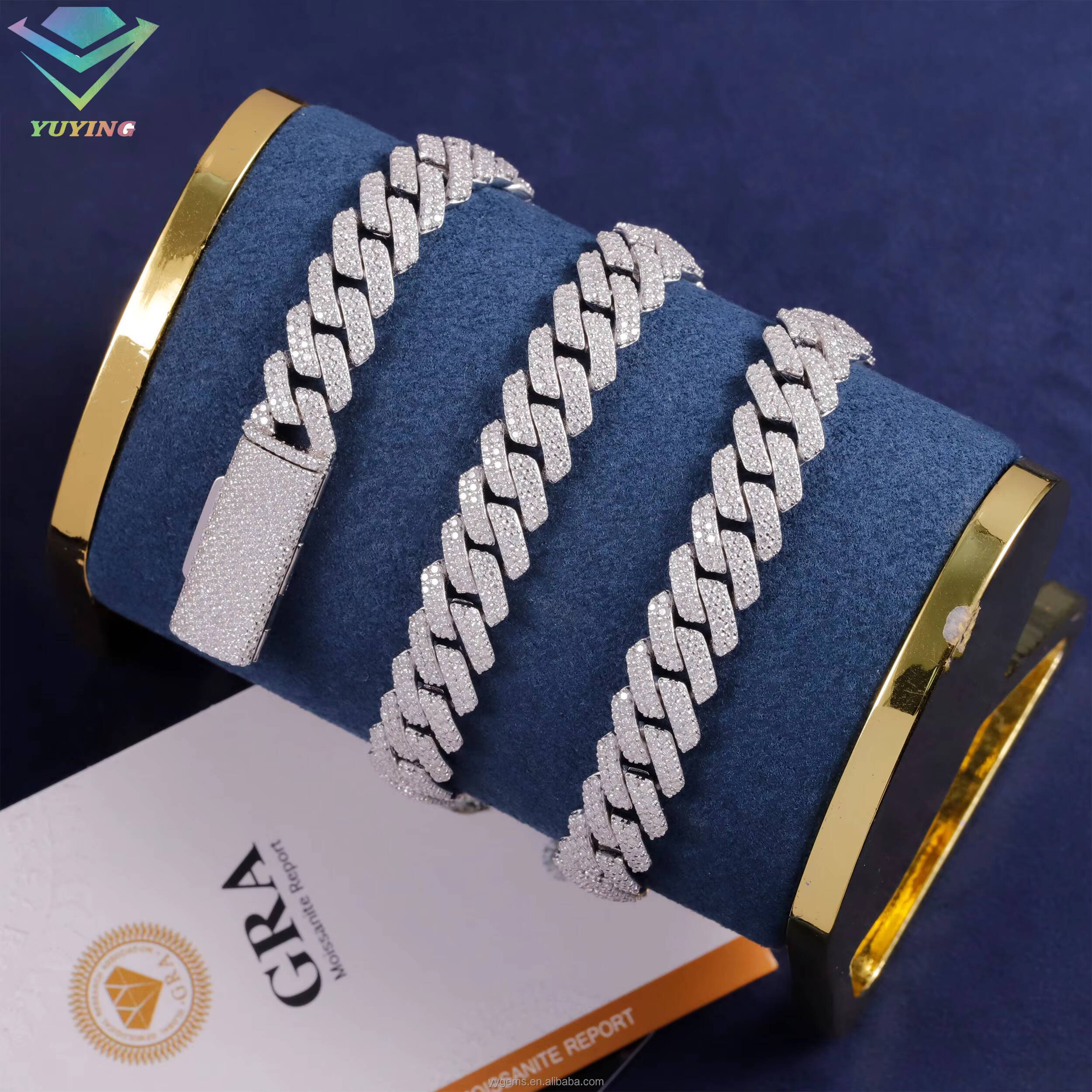 Bestest Selling Wholesale Price Sterling Sier Necklace Hand Set VVS Moissanite Gold Plated 10MM Cuban Link Chains