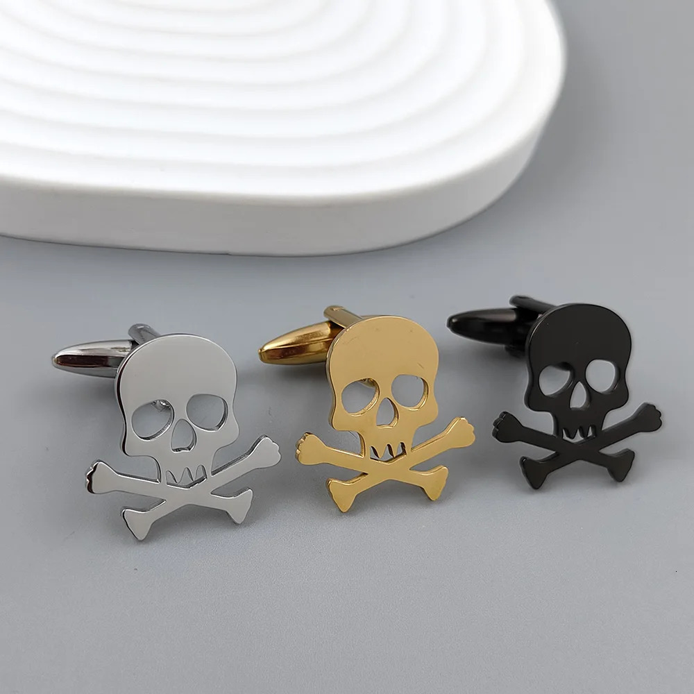 Pirate skull gold-plated cufflinks French shirt cuff accessories black stainless steel suit formal match 250812