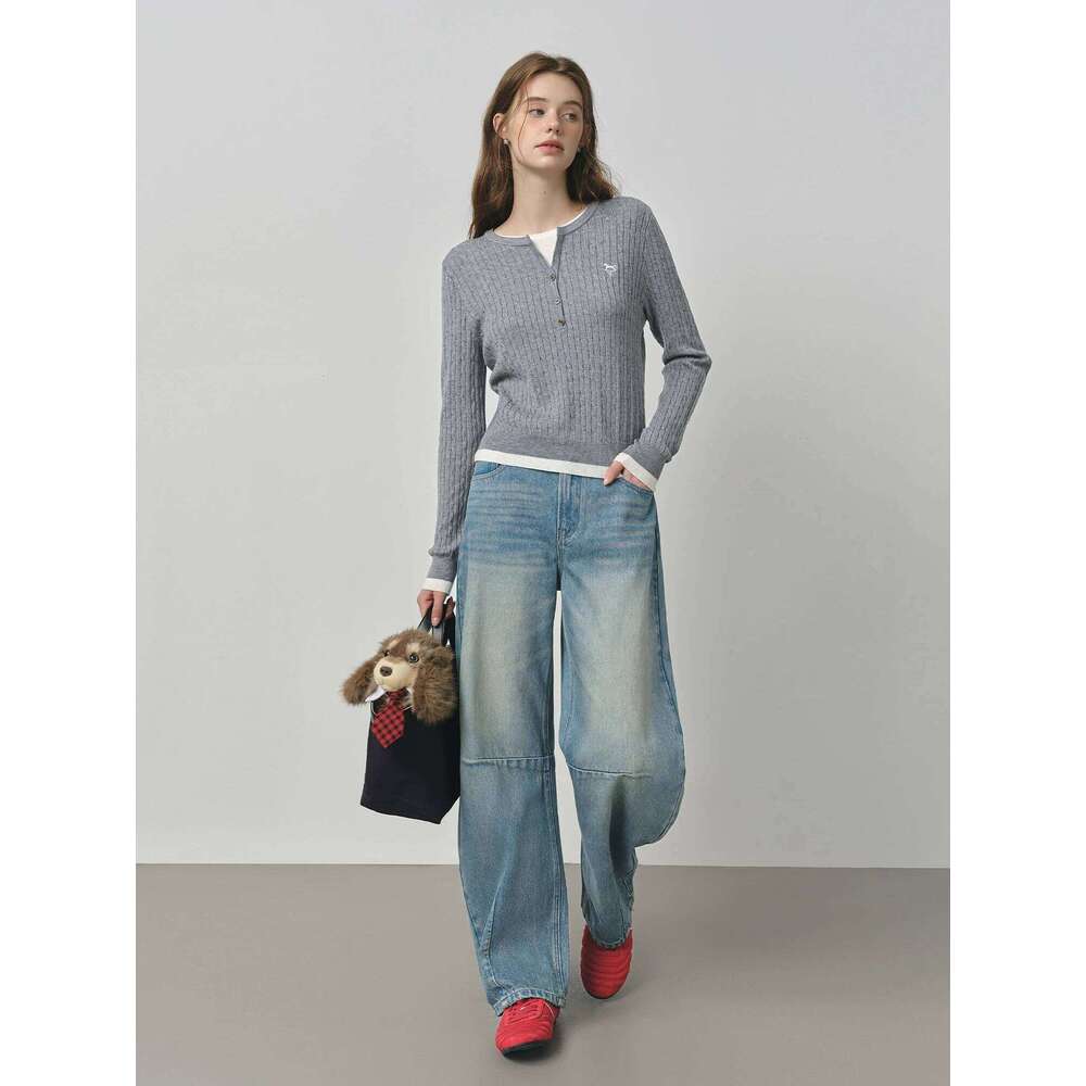 FSLE Design Relaxed High Waist Women's 2025 Autumn New Arrival Slashed Jeans Trousers 25FS13105