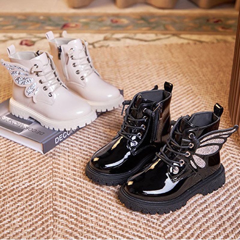 Children New Fashion Kid Boots Girls Butterfly Solid Color Boots Kidsnest Toddler Lace Up Side Zipper Winter Boots Non-slip PU Leather Shoes Sizes US9