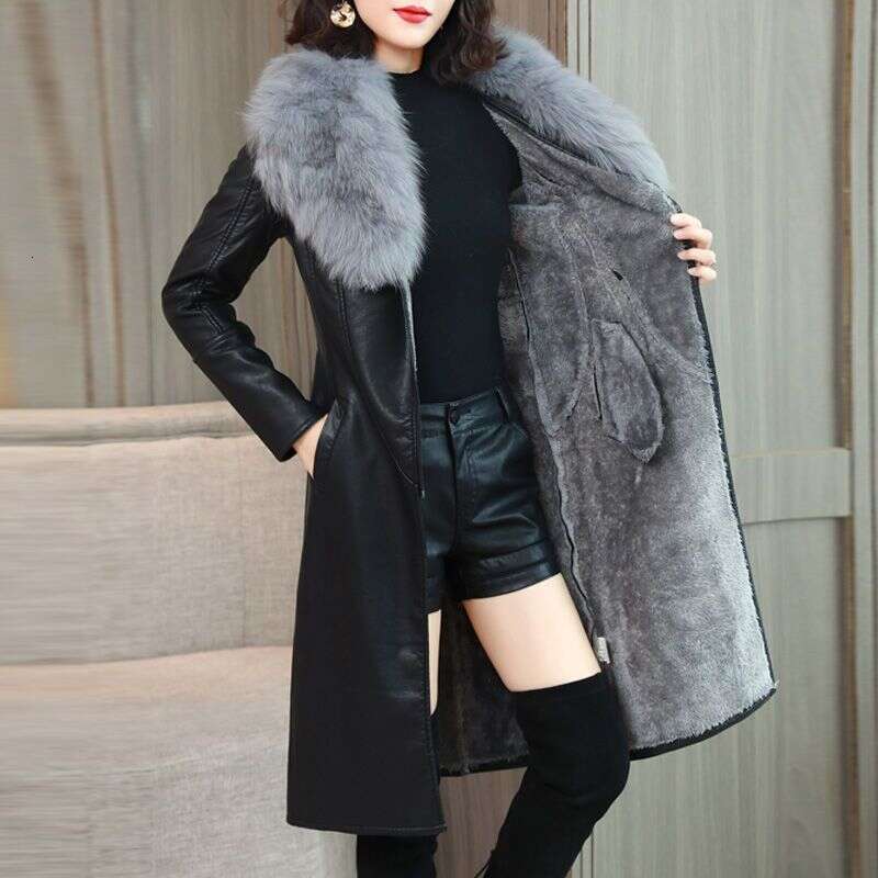 Large Fur Collar Winer Jacke For Women Wih Plush And Hickened Mid Lengh 2023 New Slim Fiing Leaher