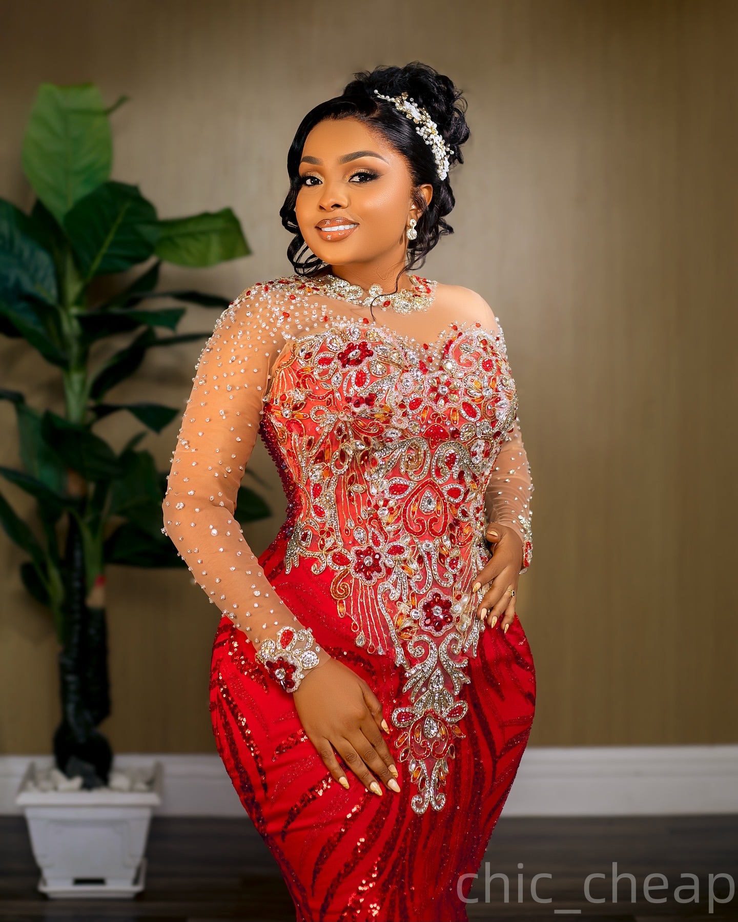 Red Mermaid Prom Dresses 2025 Beaded Lace Full Sleeves Sparkly Evening Formal Party Second Birthday Engagement Gowns Plus Size Dress For Special Occas