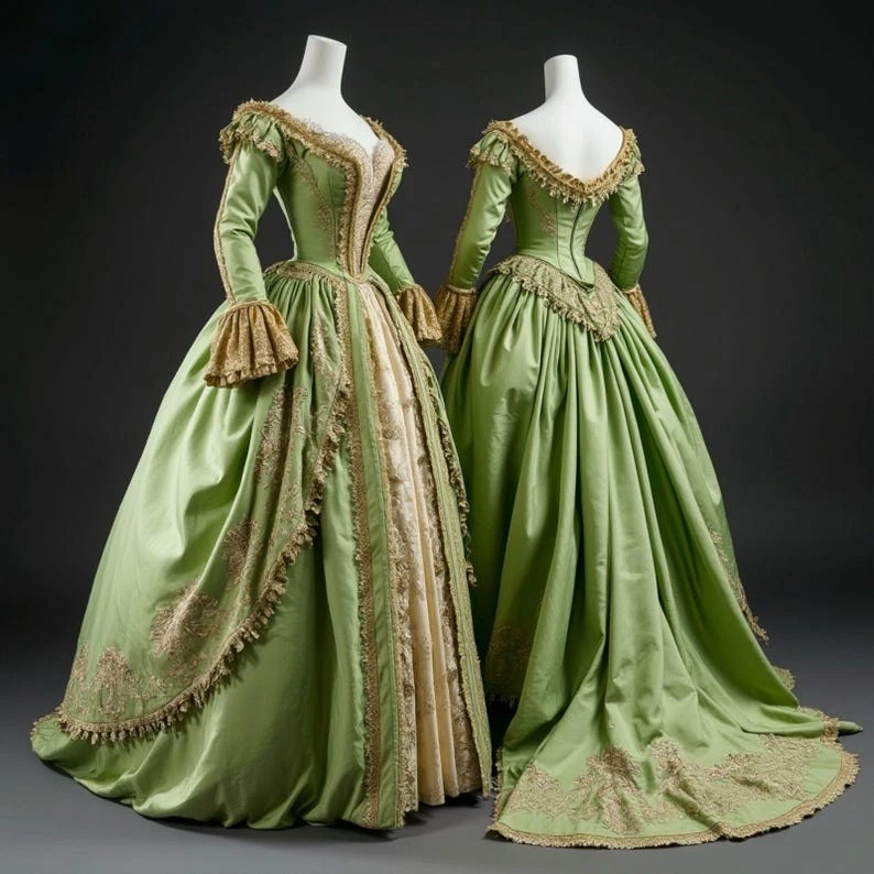 Green And Gold Vintage Victorian Prom Dresses Long Sleeves Baroque Qunee Masquerade Gowns Lace Appliques Retro Special Occasion Costume