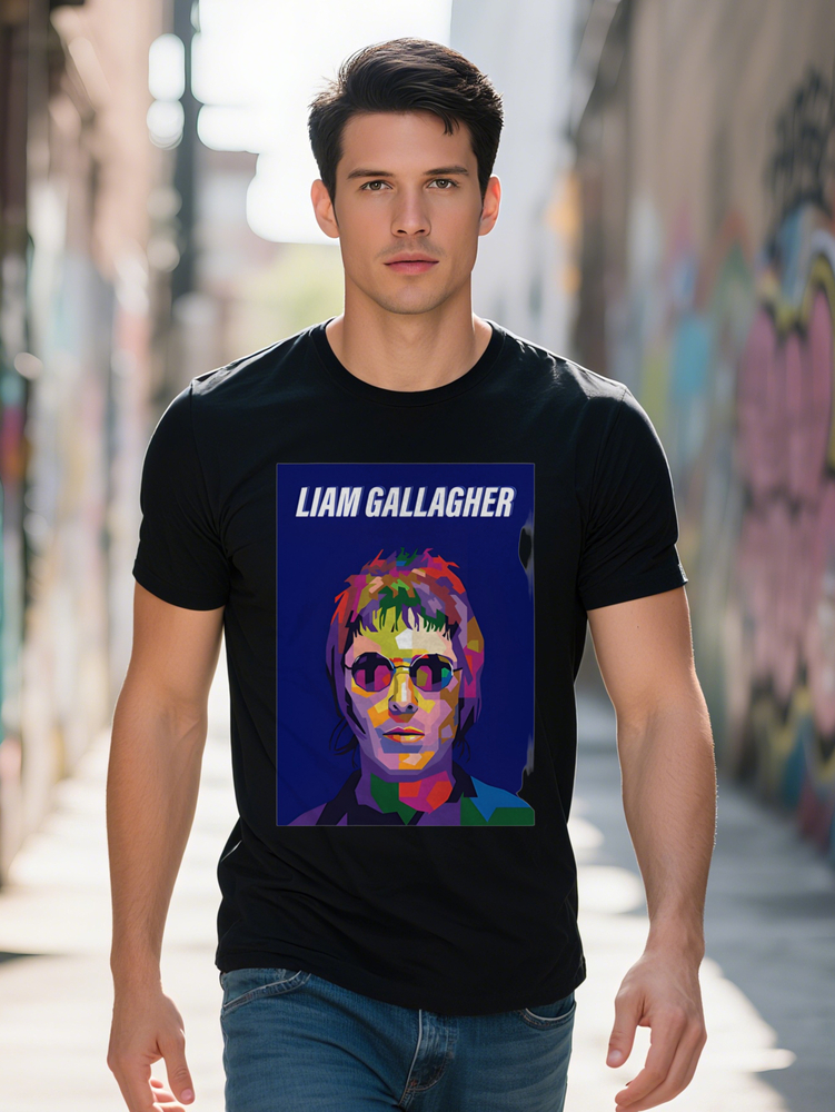 Men s Liam Gallagher Portrait Graphic T Shirt Black Round Neck Tee with Vibrant Pop Art Print Summer Top for Casual