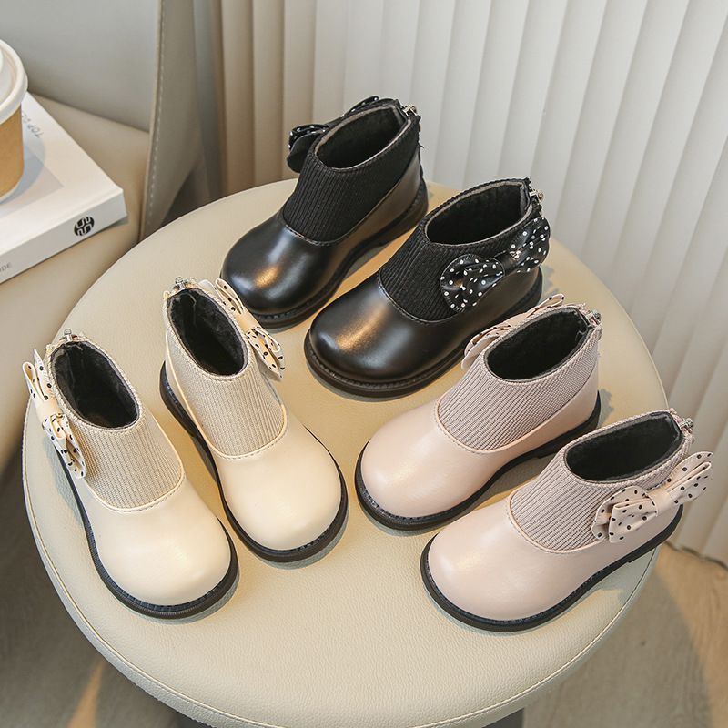 Children's Cotton Boots Winter New Kids Shoes Kidsnest Bow Girls Soft Bottom PU Leather Boots Baby Princess Boots Toddler Shoes Size US5.5C-US12.