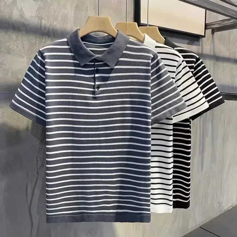 Summer Ice Silk T-Shirt Casual Slim Fit Lapel Breathable Quick Drying Mens Golf Polo Shirt Striped Short Sleeved Business Top XJ250804