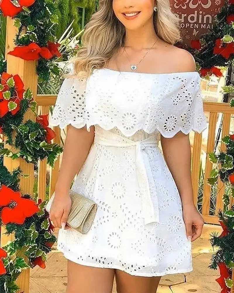 2025 New Fashion Off Shoulder Lace Up Mini Dress for Women Summer Hollow Out White Dress Fashion Lace Splicing Holiday Long Dresses XJ250814