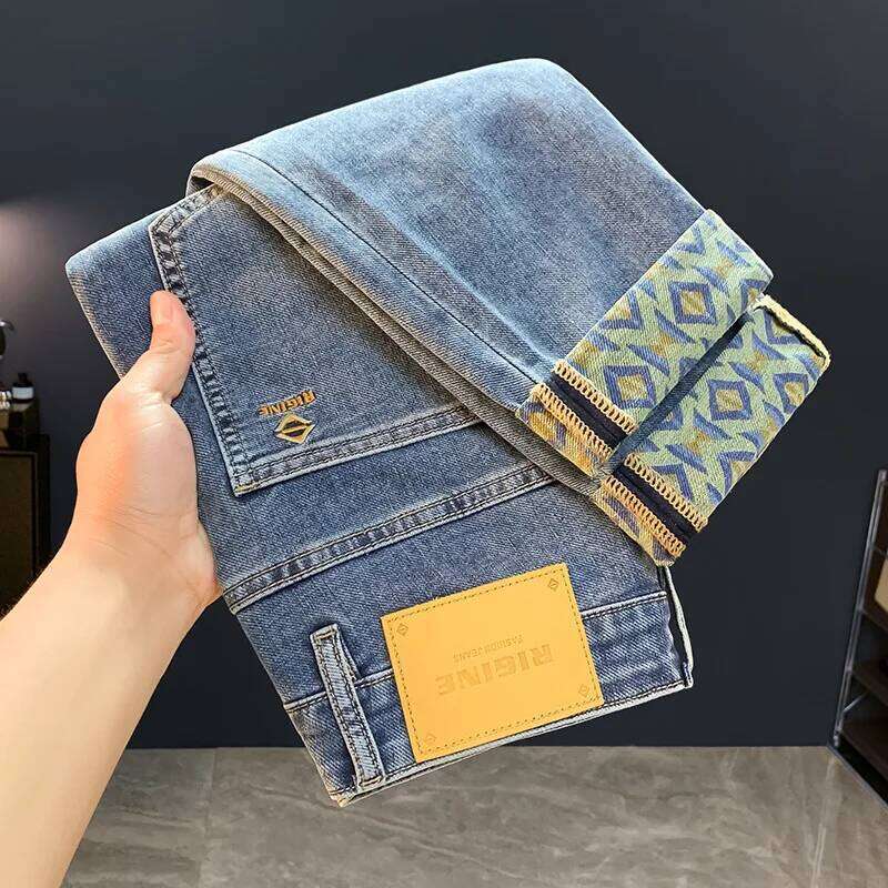 Trendy Embroidered Printed Jeans for Men 2025 New Fashionable Brand Slim Fit Elastic Washed Small Straight Pants