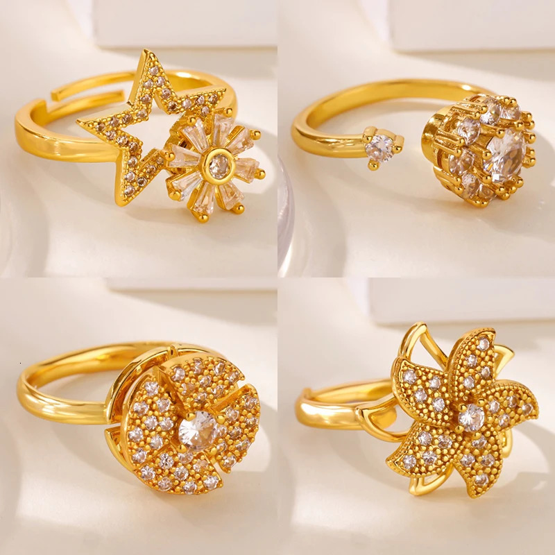 Zircon Rotatable Star Flower Windmill Ring for Women Stainless Steel Gold Color Wedding Couple Jewelry anillos 250811