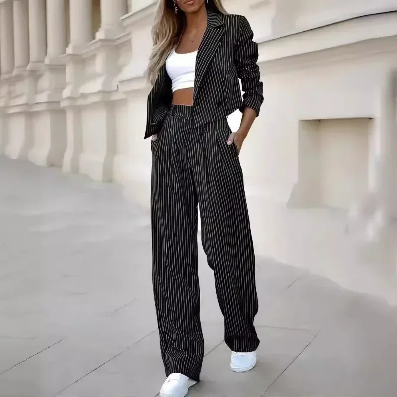 Mandylandy Casual Striped Suit Outfits Summer Short Style Lapel Trousers Stripe Blazer Coats StraightLeg Pants 250812