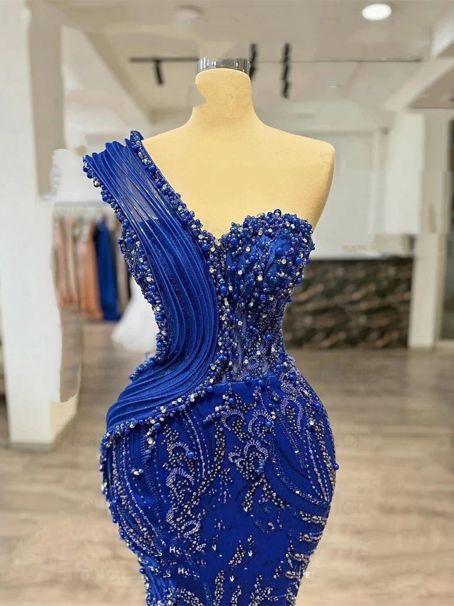 Royal Blue Prom Dress One Shoulder Beaded Reception Party Gowns Saudi Arabi Shiny Celebrity Evening Dresses Customized