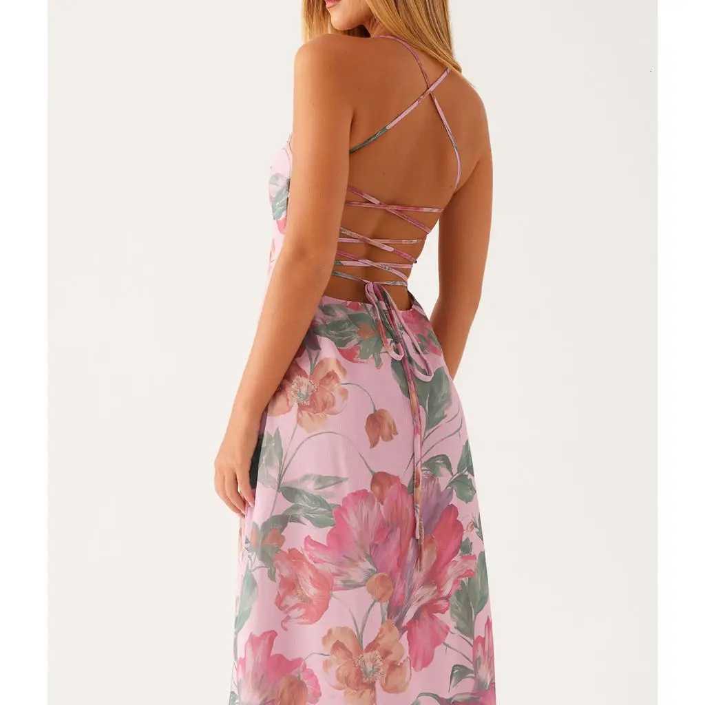 Womens Ele Y2K Floral Print Sleeveless Summer Cross Tie-Up Backless Fashion Spaghetti Strap Cami Slip Long Dress XJ250814