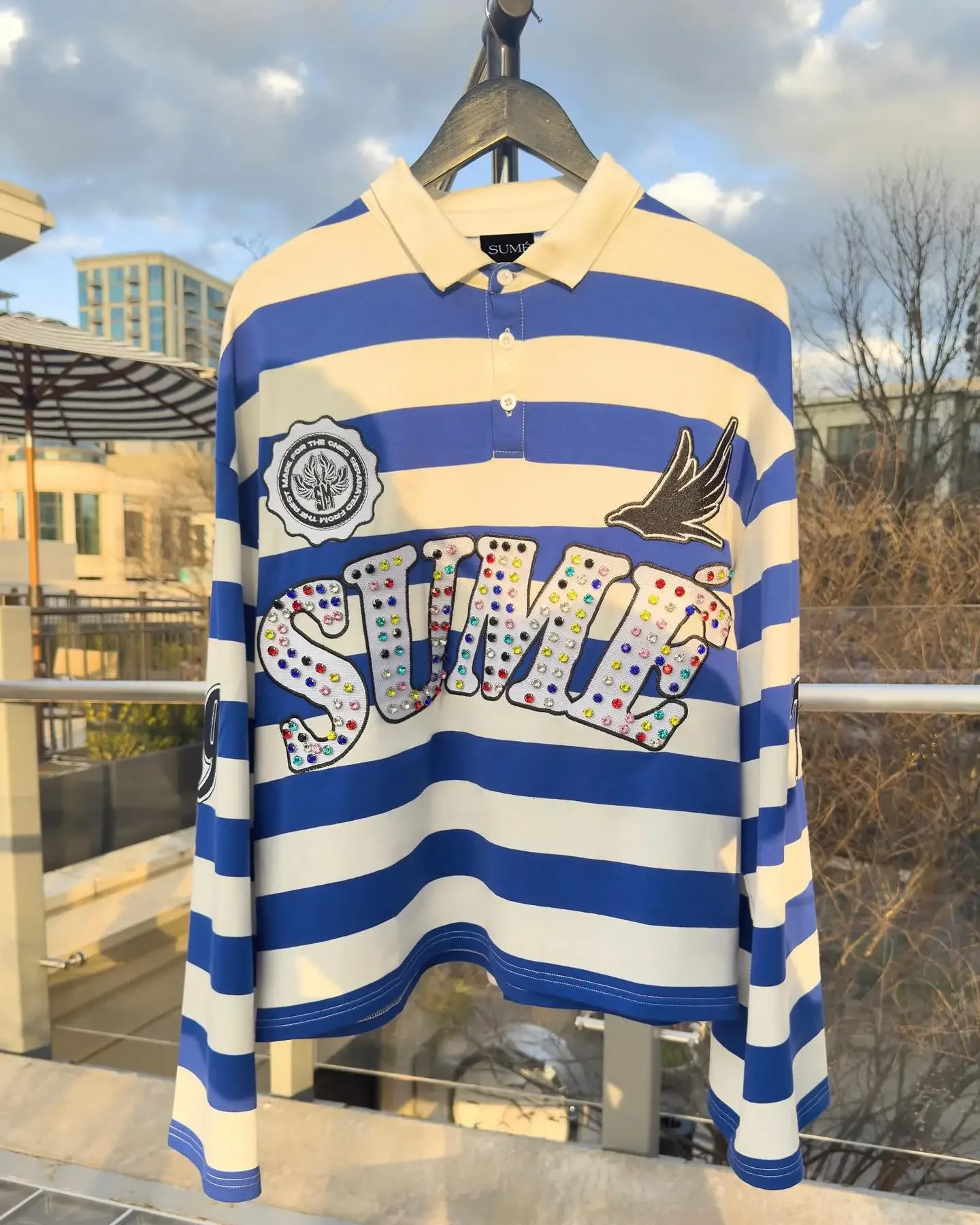 Sume Gem Stone Embroidery Rugbys Long Sleeved Tshirt Men Women Harajuku Hip Hop Stripe Polo Shirt Classics Lapel Neck 250809