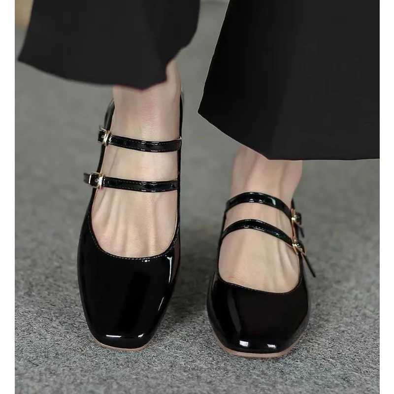 Spring Autumn Women Double Buckle Mary Janes Shoes Patent Leather Dress Square Head Square Heel Solid Color Womens Pumps W250814