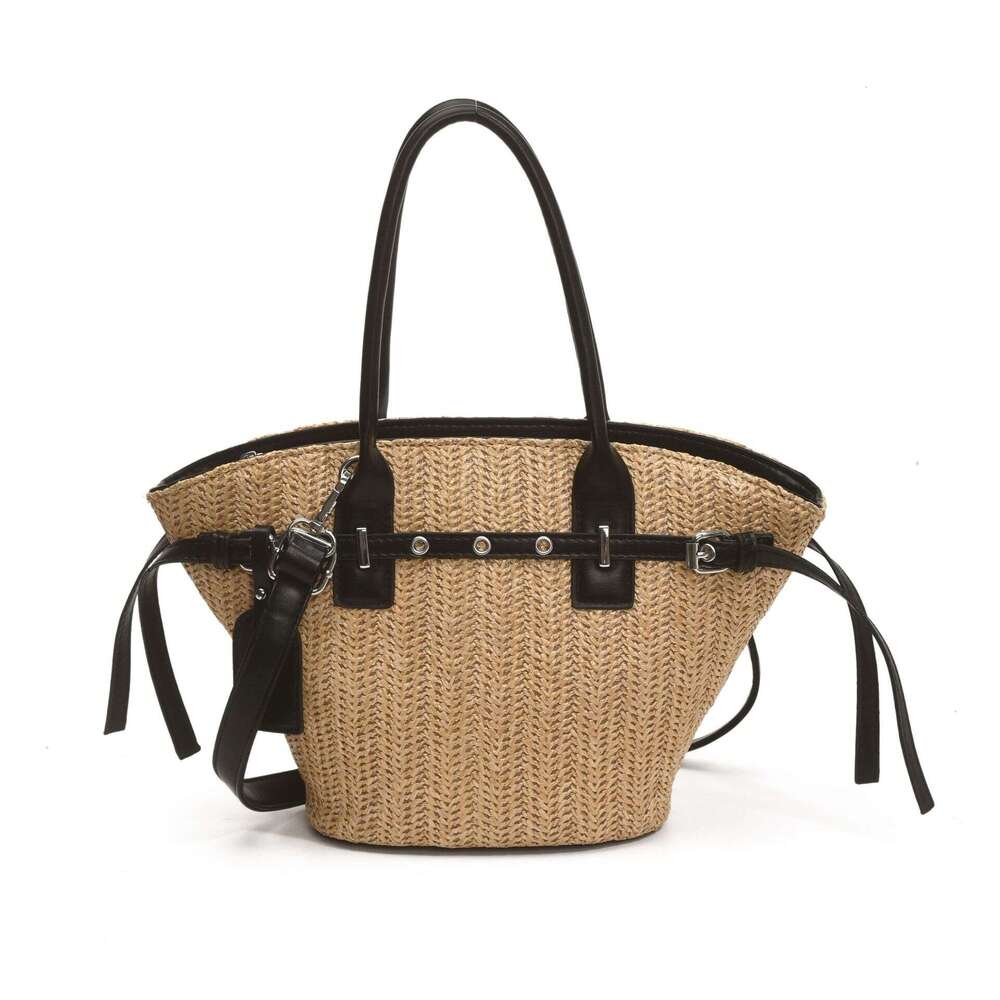 Woven Large Straw Capacity Handheld Bucket for Women 2025 New High-end Belt Buckle Vacation Style Beach Bag Trendy