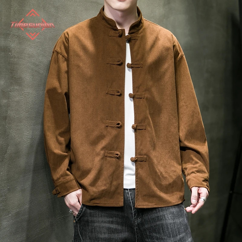 chinese style solid color Shirts for Men Corduroy Buckle Long-sleeved Shirt Autumn and Winter Tang Coat Zhongshan Coat 250813
