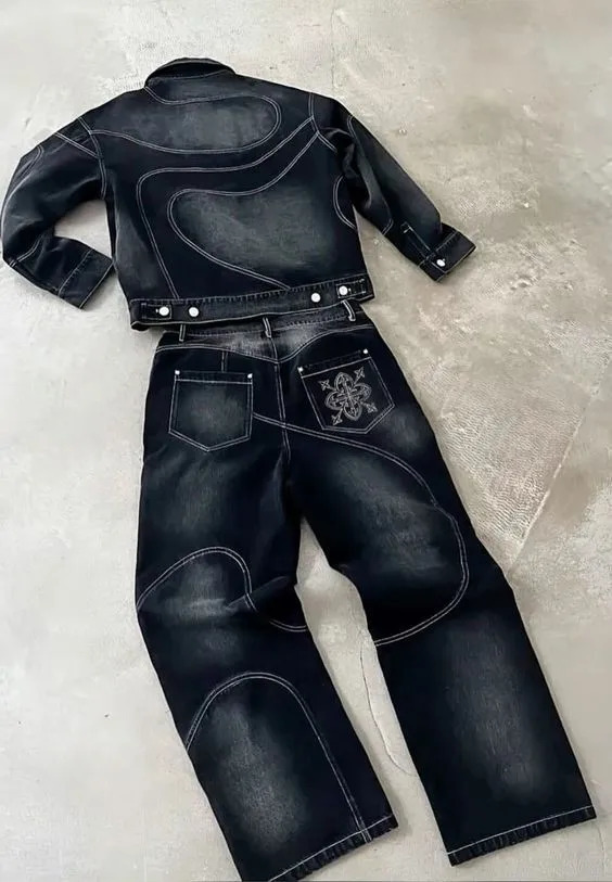 Streetwear Mens Clothing Harajuku Punk Striped Embroidered Denim Jacket Coat Goth Black Straight Pockets Skull Graphic Trousers 250813