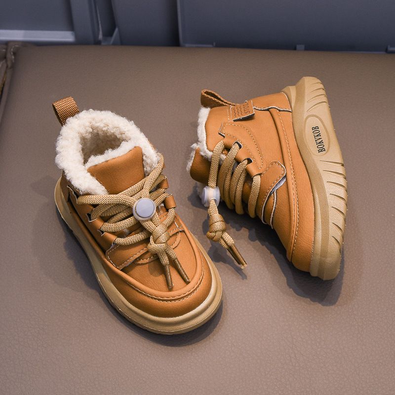 Toddler PU Leather Snow Boots For Children Thick Warm Boy's Cotton Shoes Kidsnest Anti-slip Girl Fur Boots For Kids Winter Plush Shoes Size US5.5