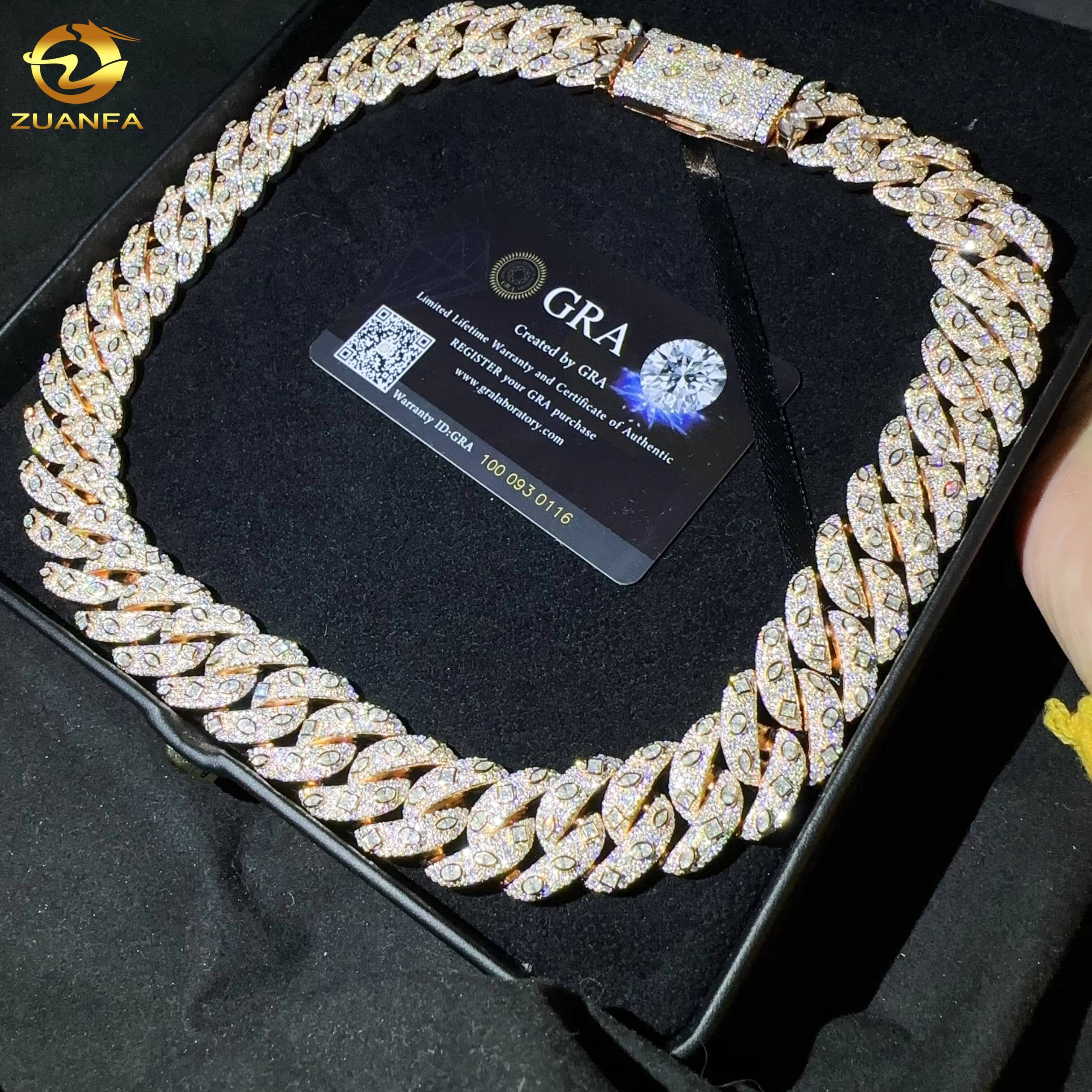 Hip Hop Jewelry Sterling Sier 20MM Necklace Iced Out VVS Moissanite Dia Miami Cuban Link Chain Gold Plated