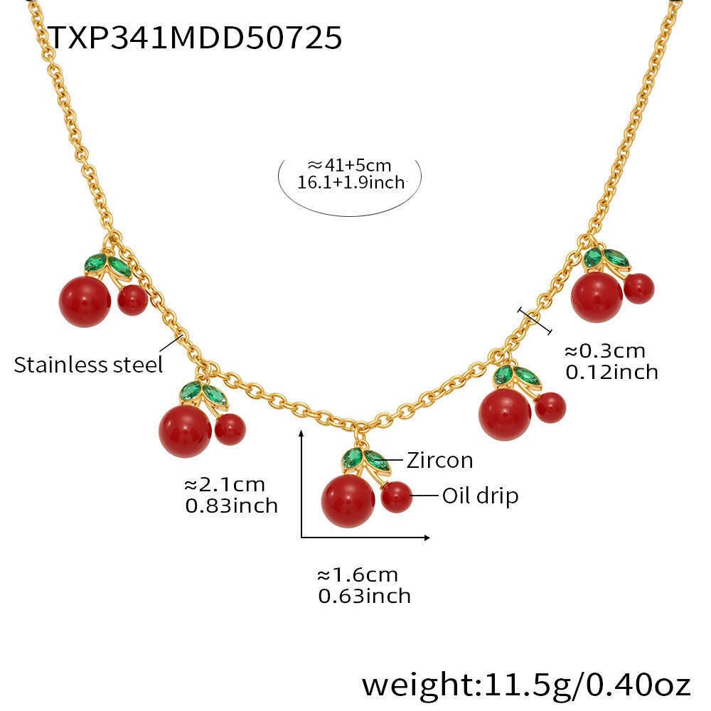 Xinyixin New Cherry Pendant Necklace Bracelet Set Stainless Steel Gold Plated Versatile Jewelry