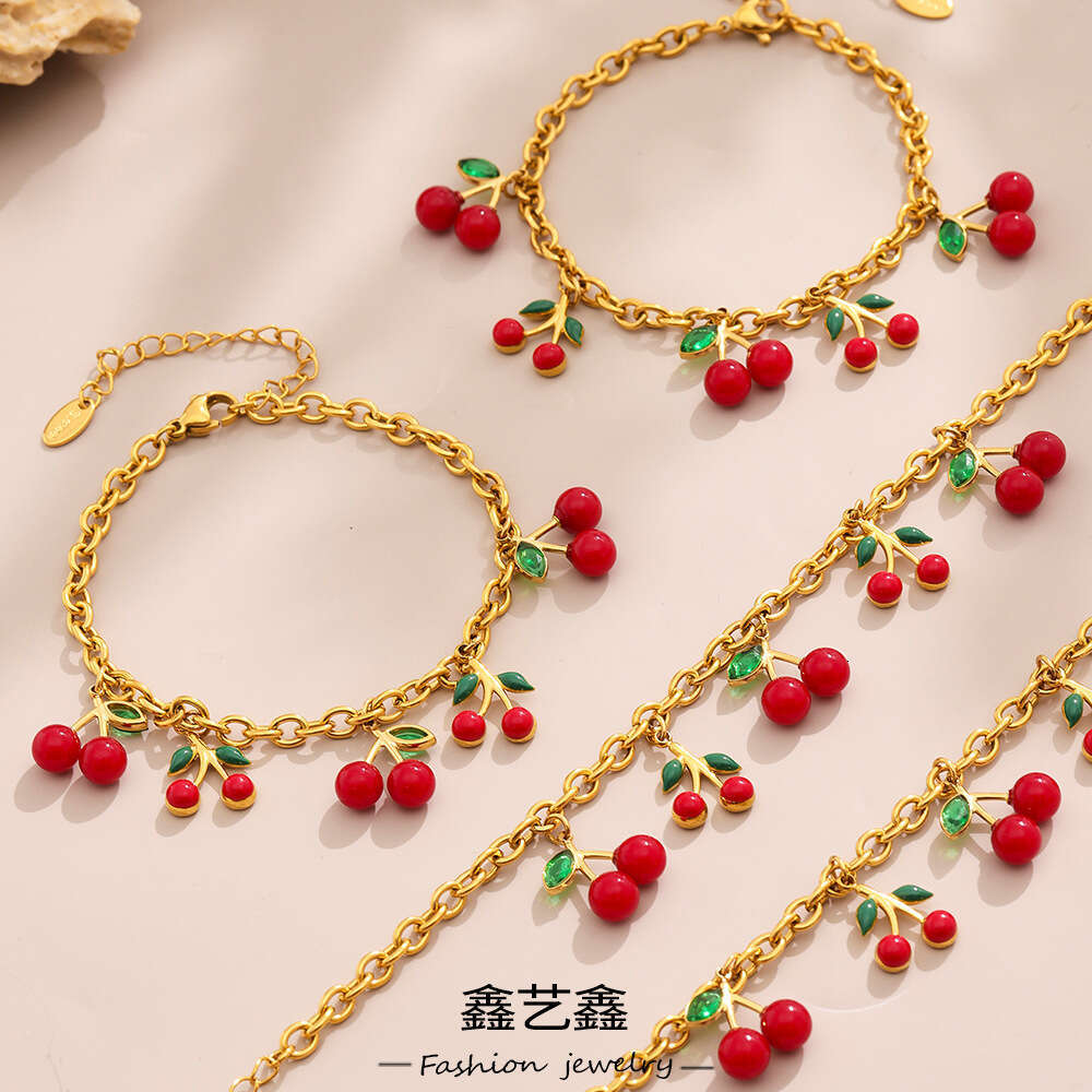 Xinyixin New Cherry Pendant Necklace Bracelet Set Stainless Steel Gold Plated Versatile Jewelry