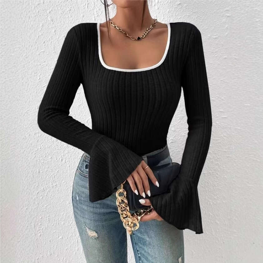 Solid Color Velvet Ribbed Women's Long designer t shirt Flared Sleeve Base Shirt Slim Fit